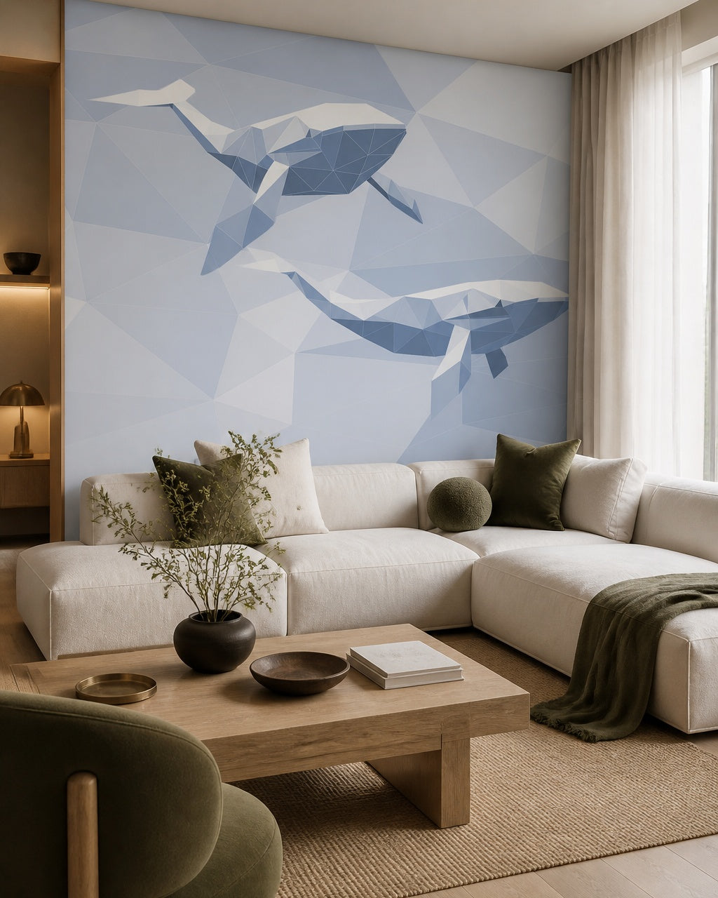 Geometric whales wallpaper in a designer living room.