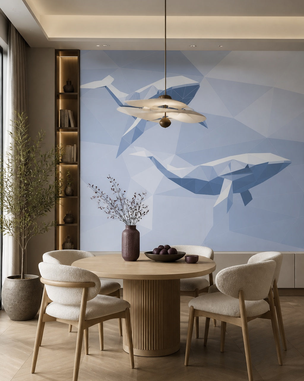 Geometric whales wallpaper in a refined dining area.