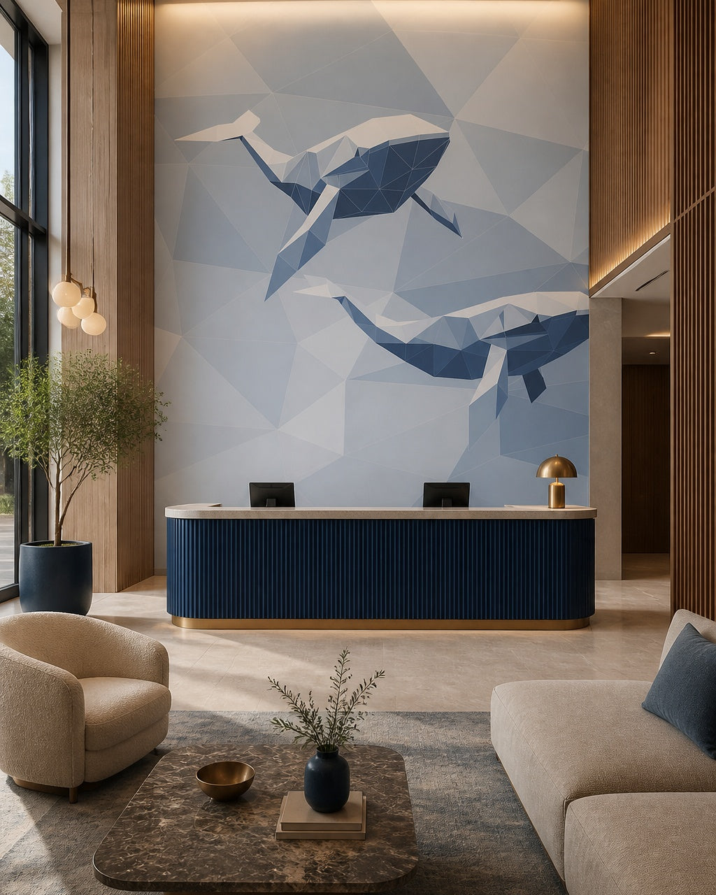 Geometric whales wallpaper in a boutique hotel lobby.