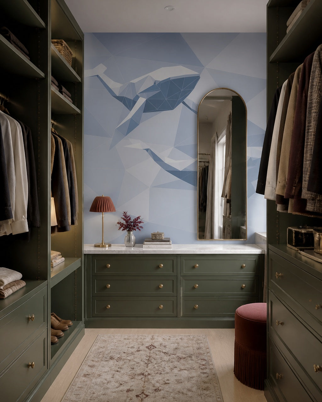 Geometric whales wallpaper in a walk-in wardrobe.