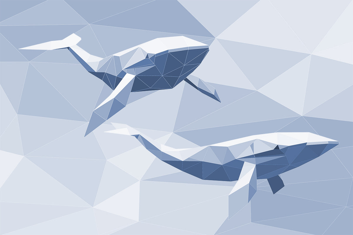Geometrisch walvisbehang – blauwe low-poly walvissen