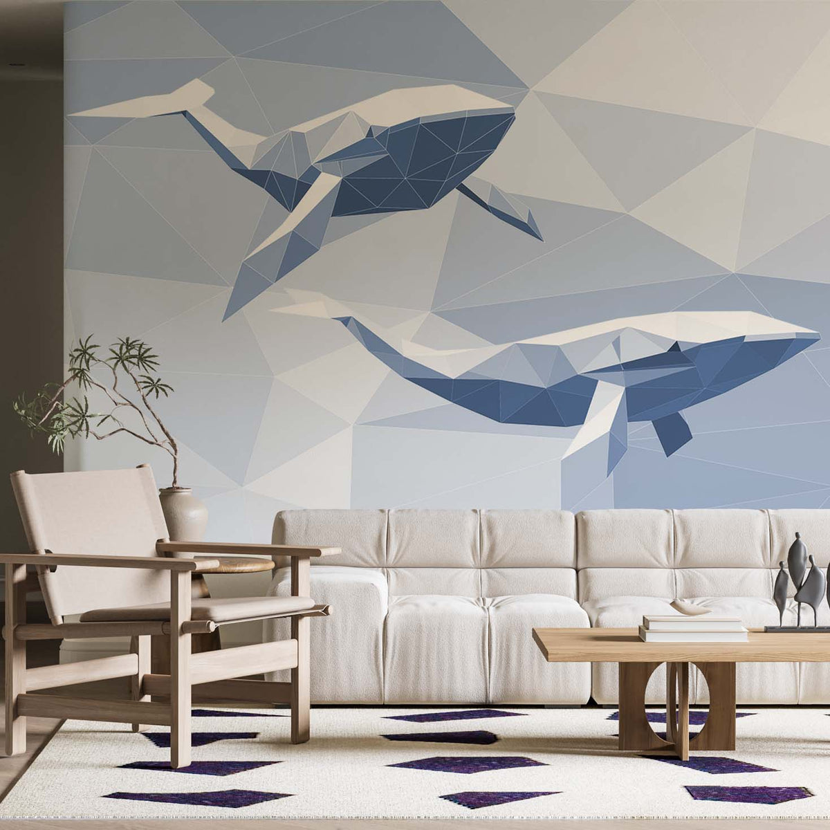 Custom Blue Whale Geometrical Design Wallpaper Animals Wall Mural