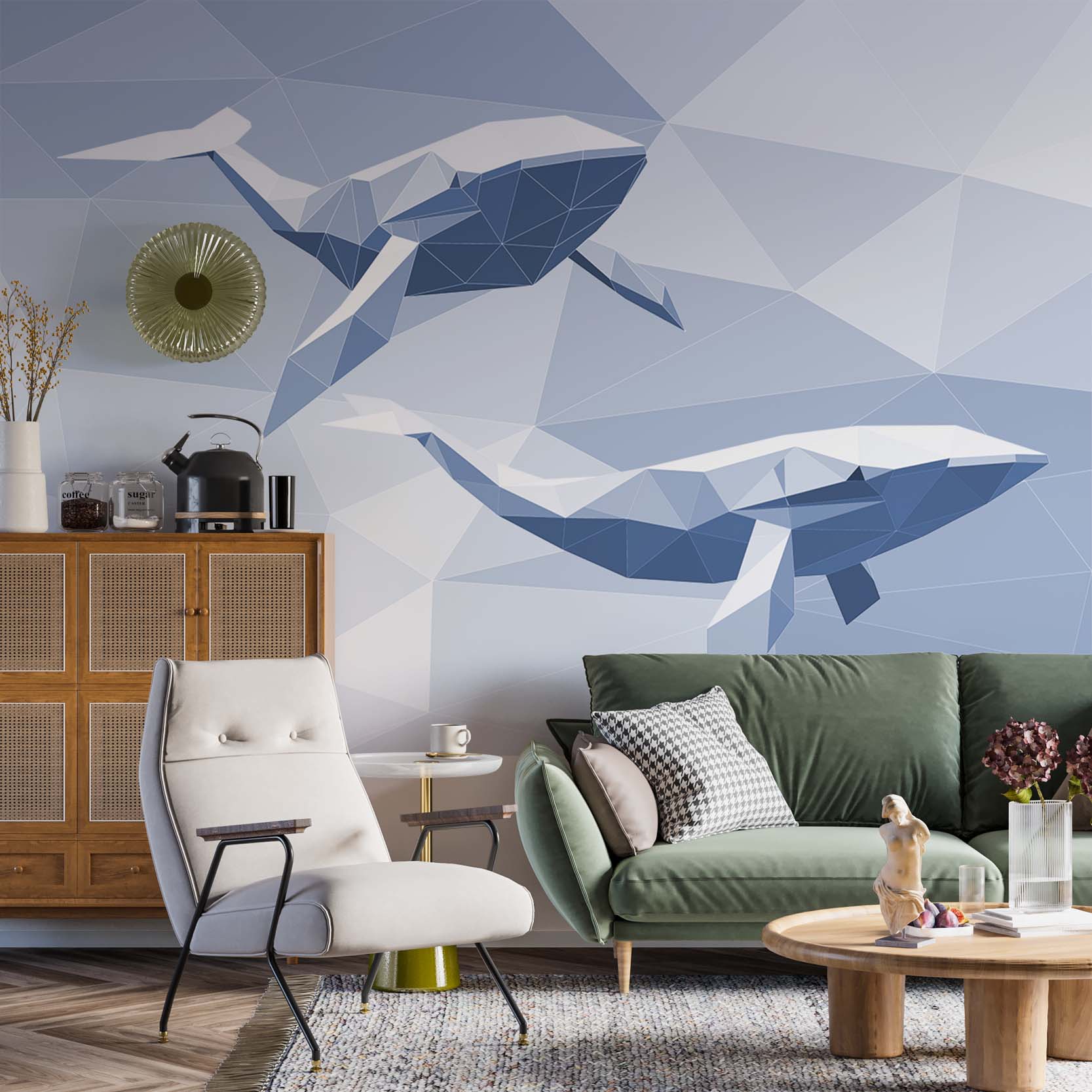 Blue Whale Geometrical Design Wallpaper Animals Wall Mural