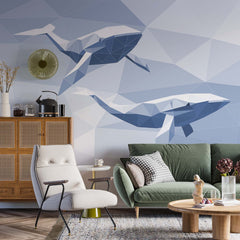 Custom Blue Whale Geometrical Design Wallpaper Animals Wall Mural