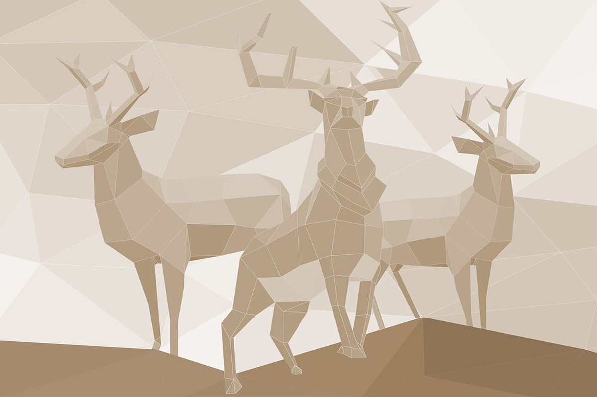Geometrisch hertenbehang – beige low-poly silhouetten van herten