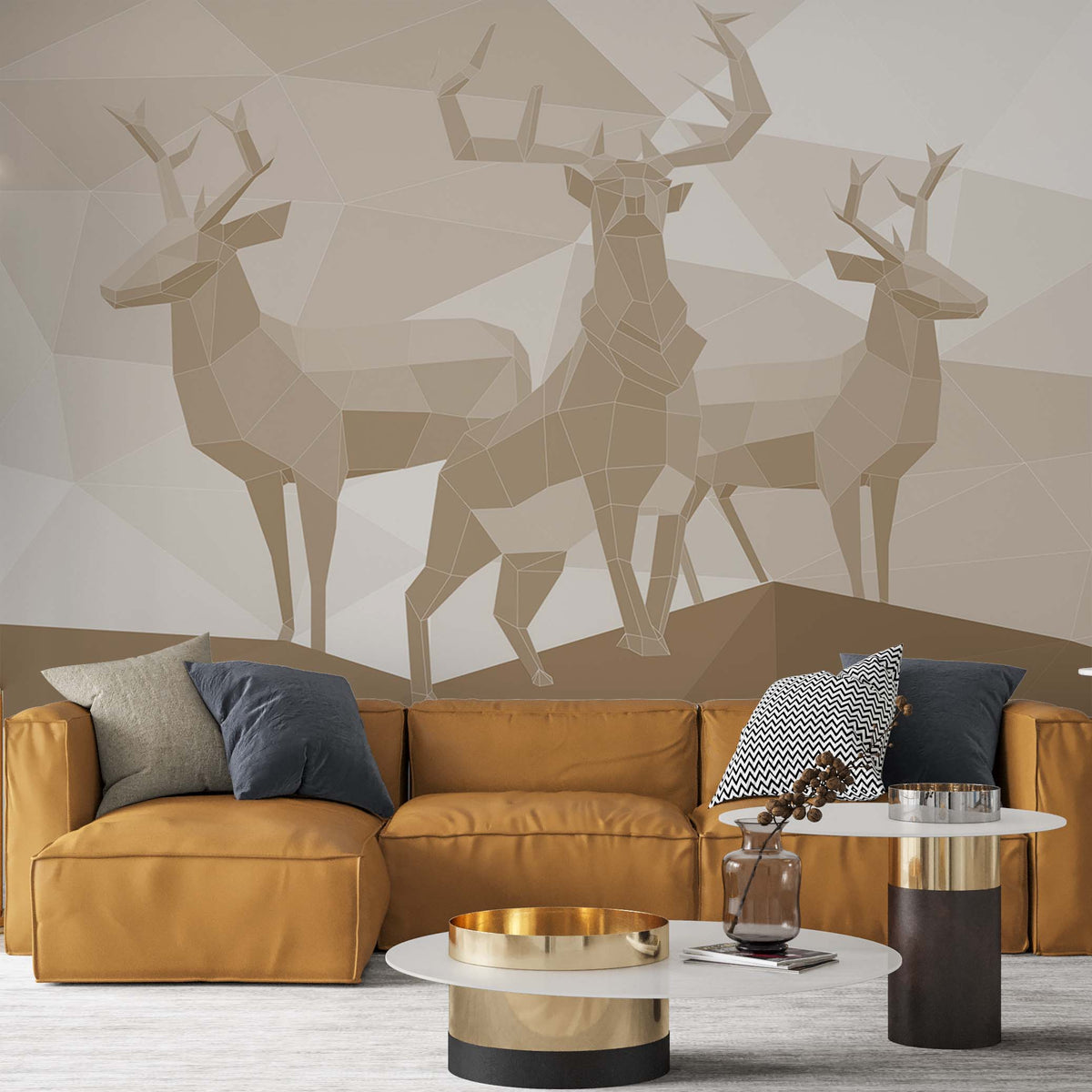 Deer Silhouette Beige Undertones Geometrical Design Wallpaper Animals Wall Mural