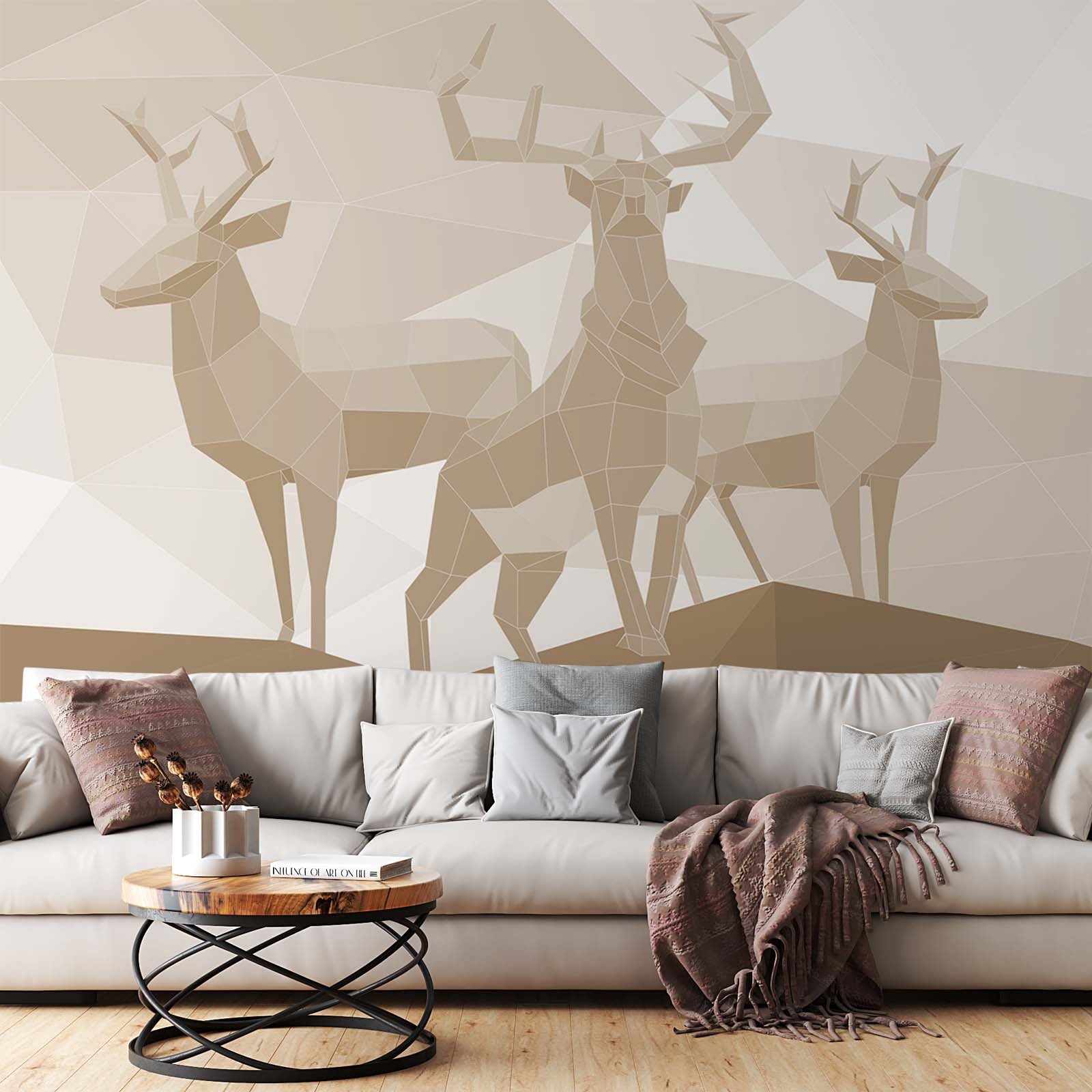 Deer Silhouette Beige Undertones Geometrical Design Wallpaper Animals Wall Mural