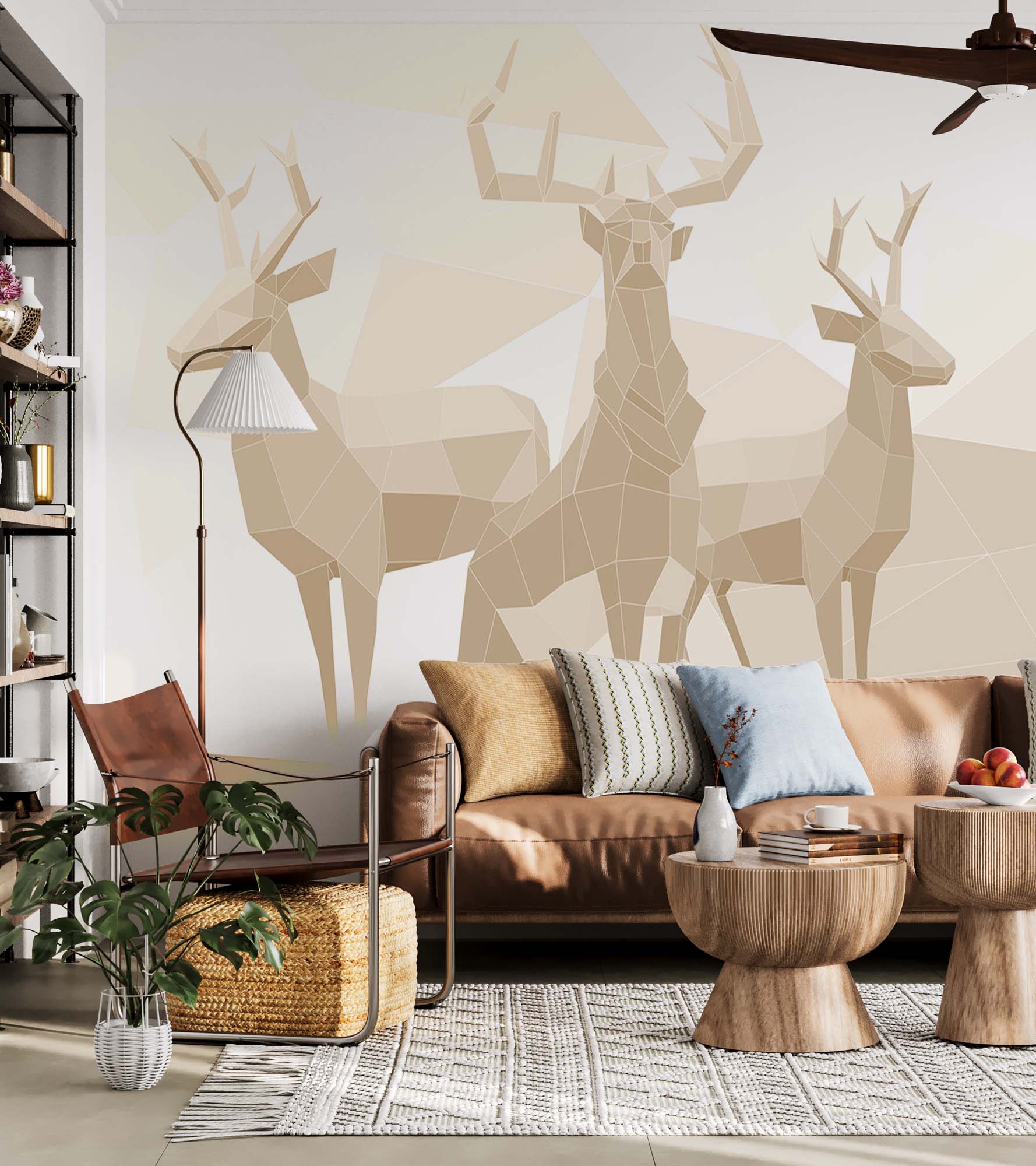 Deer Silhouette Beige Undertones Geometrical Design Wallpaper Animals Wall Mural