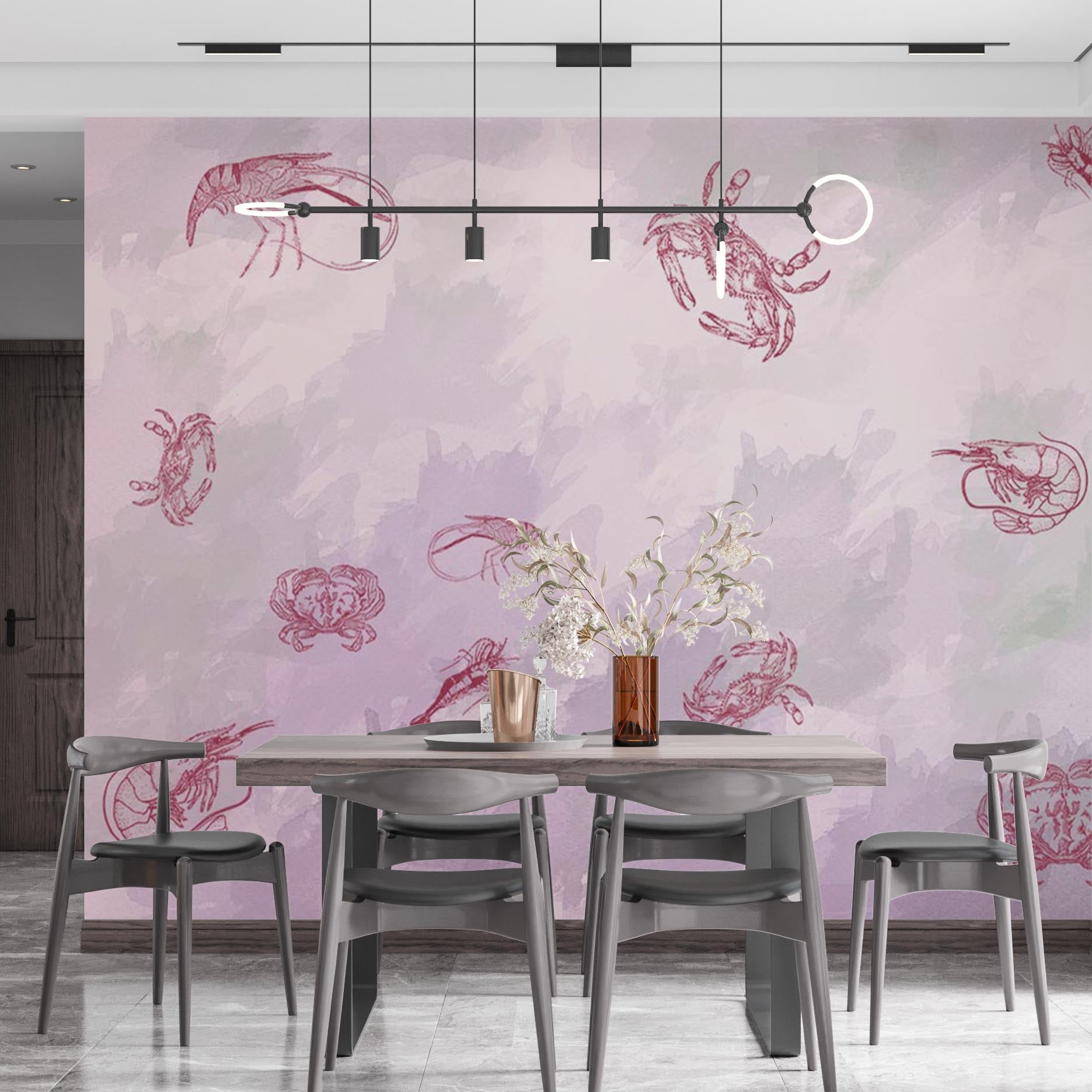 Animals Wall Mural Pink Crabs Shrimps Under the Sea Wallpaper