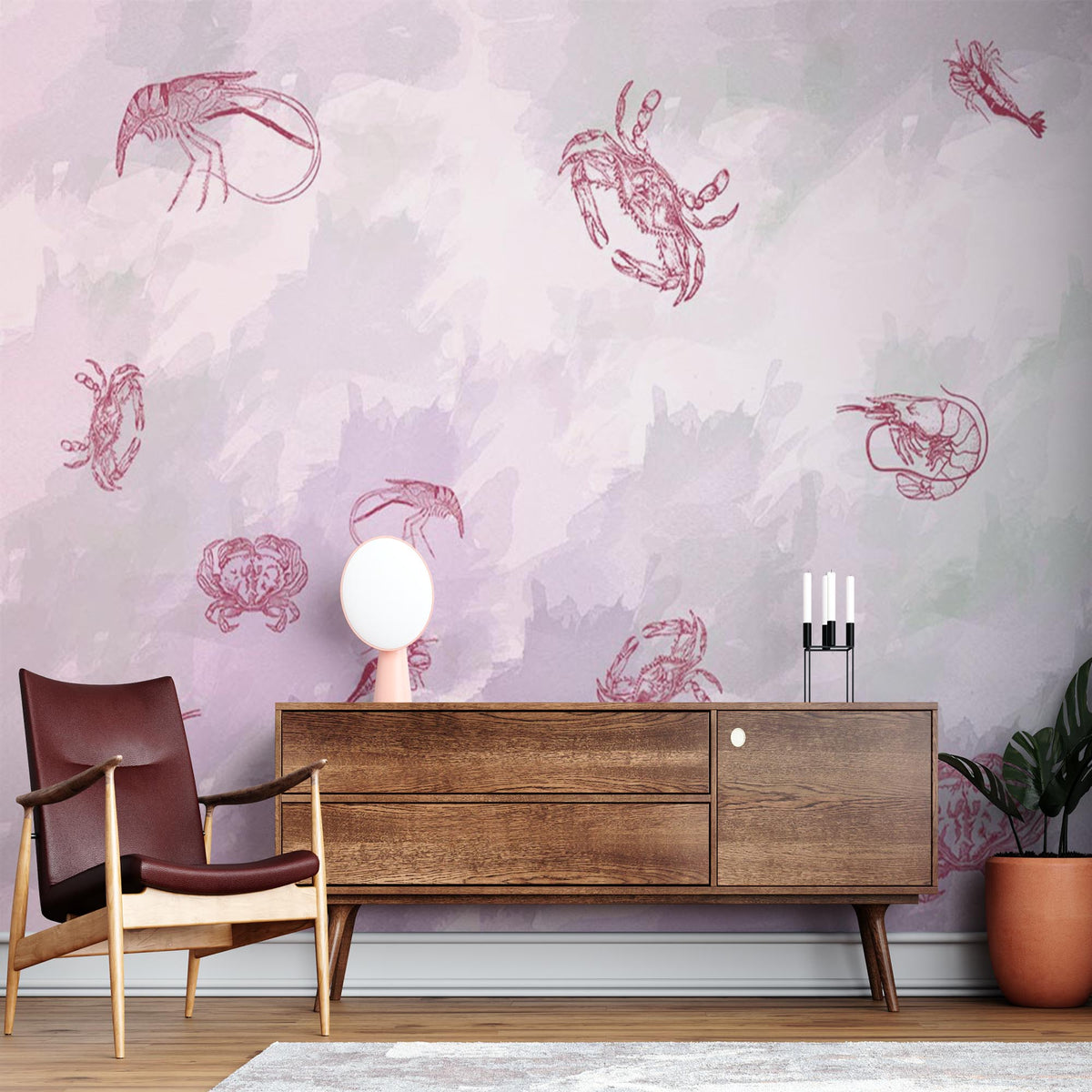 Animals Wall Mural Pink Crabs Shrimps Under the Sea Wallpaper