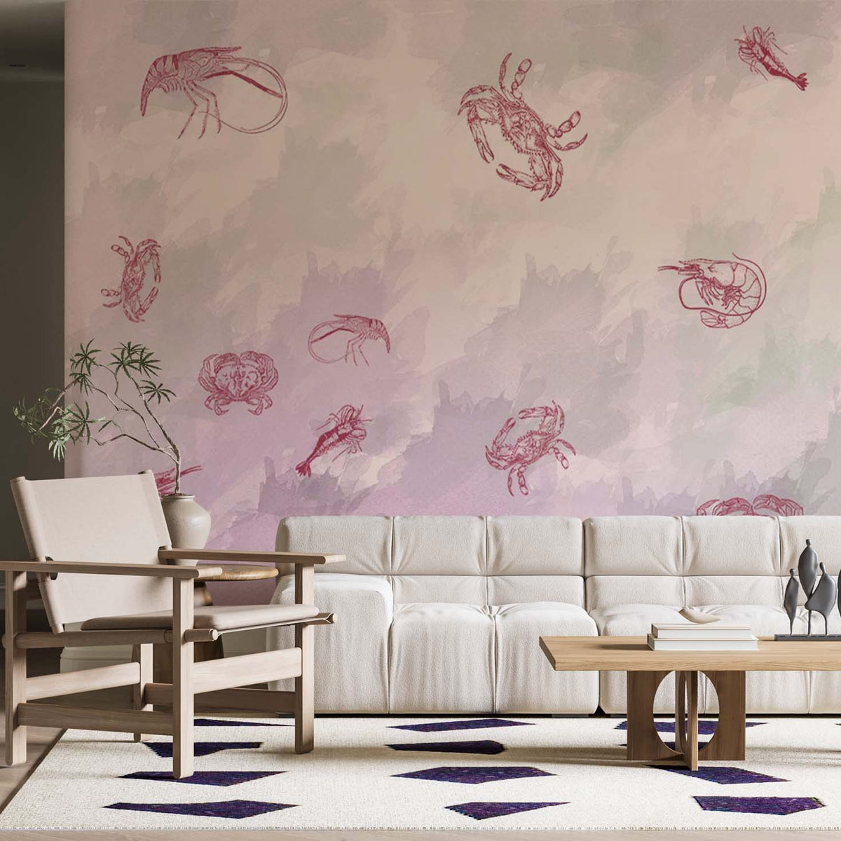 Roze krabben- en garnalenbehang – aquarel van zeedieren