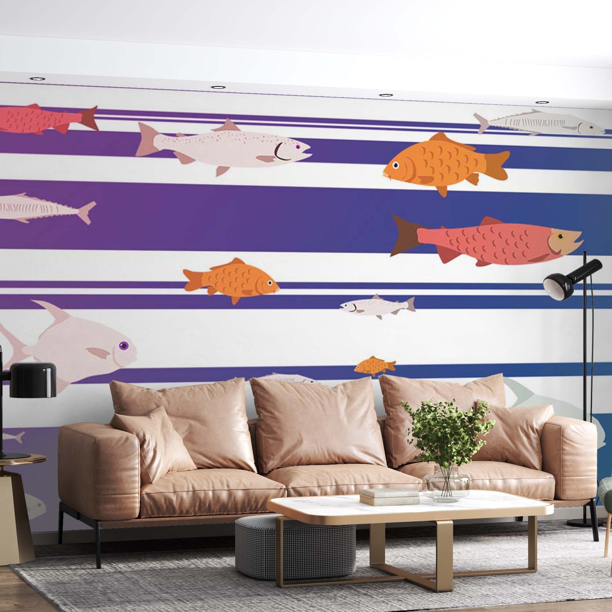 Fish Wall Mural Blue and White Stripes Under the Sea Wallpaper