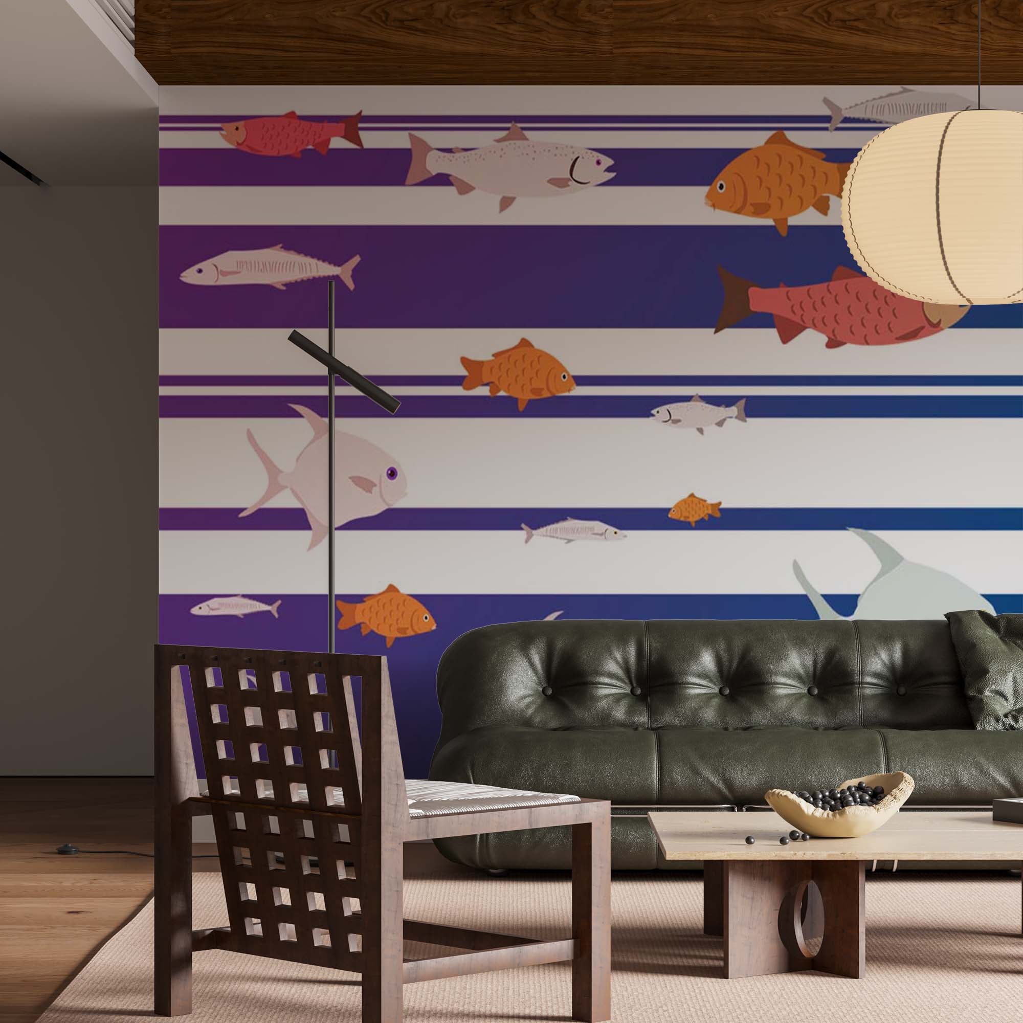 Fish Wall Mural Blue and White Stripes Under the Sea Wallpaper