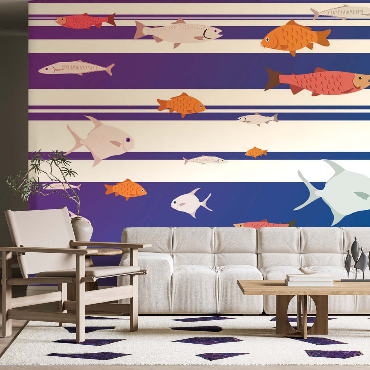 Fish Wall Mural Blue and White Stripes Under the Sea Wallpaper