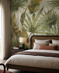 Large palm leaves wallpaper in a designer bedroom.