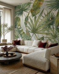 Large palm leaves wallpaper in a designer living room.