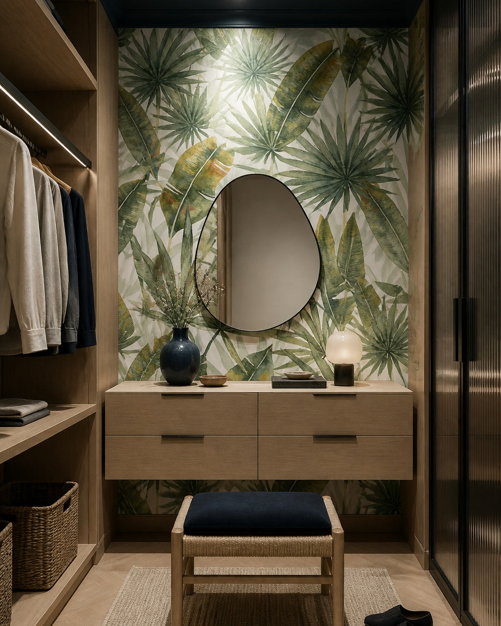 Large palm leaves wallpaper in a dressing room.
