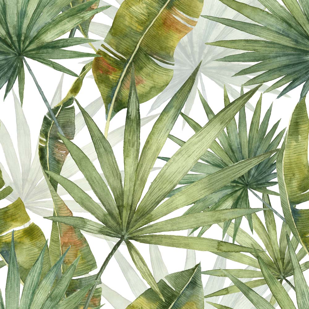 Papier peint grandes feuilles de palmier – Papier peint panoramique tropical à l’aquarelle vert
