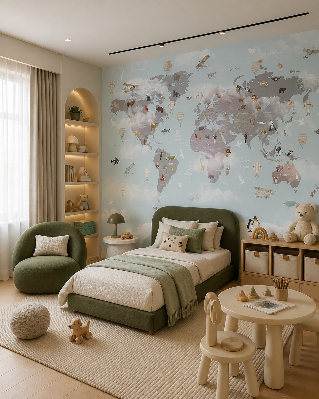 Watercolor wildlife world map & hot air balloons mural in a toddler bedroom with a child-sized bed.