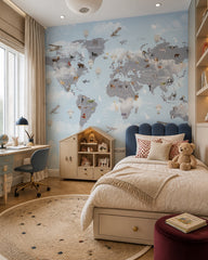 Watercolor wildlife world map & hot air balloons mural in a girl’s bedroom.