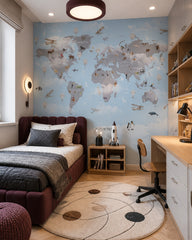 Watercolor wildlife world map & hot air balloons mural in a boy’s bedroom.