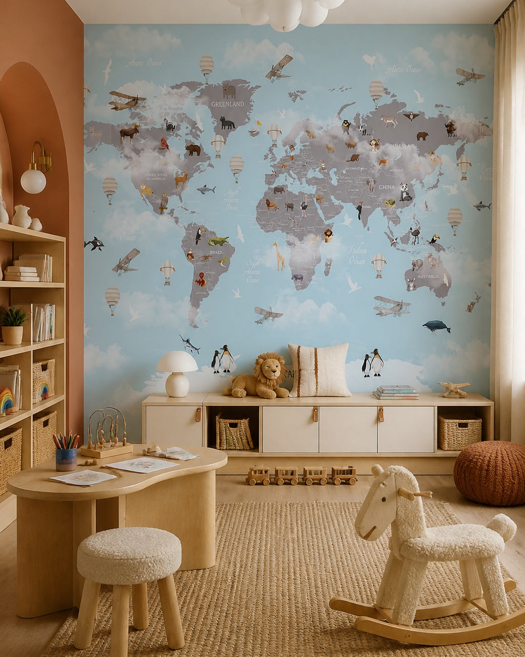 Watercolor wildlife world map & hot air balloons mural in a children’s playroom.