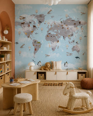 Watercolor wildlife world map & hot air balloons mural in a children’s playroom.