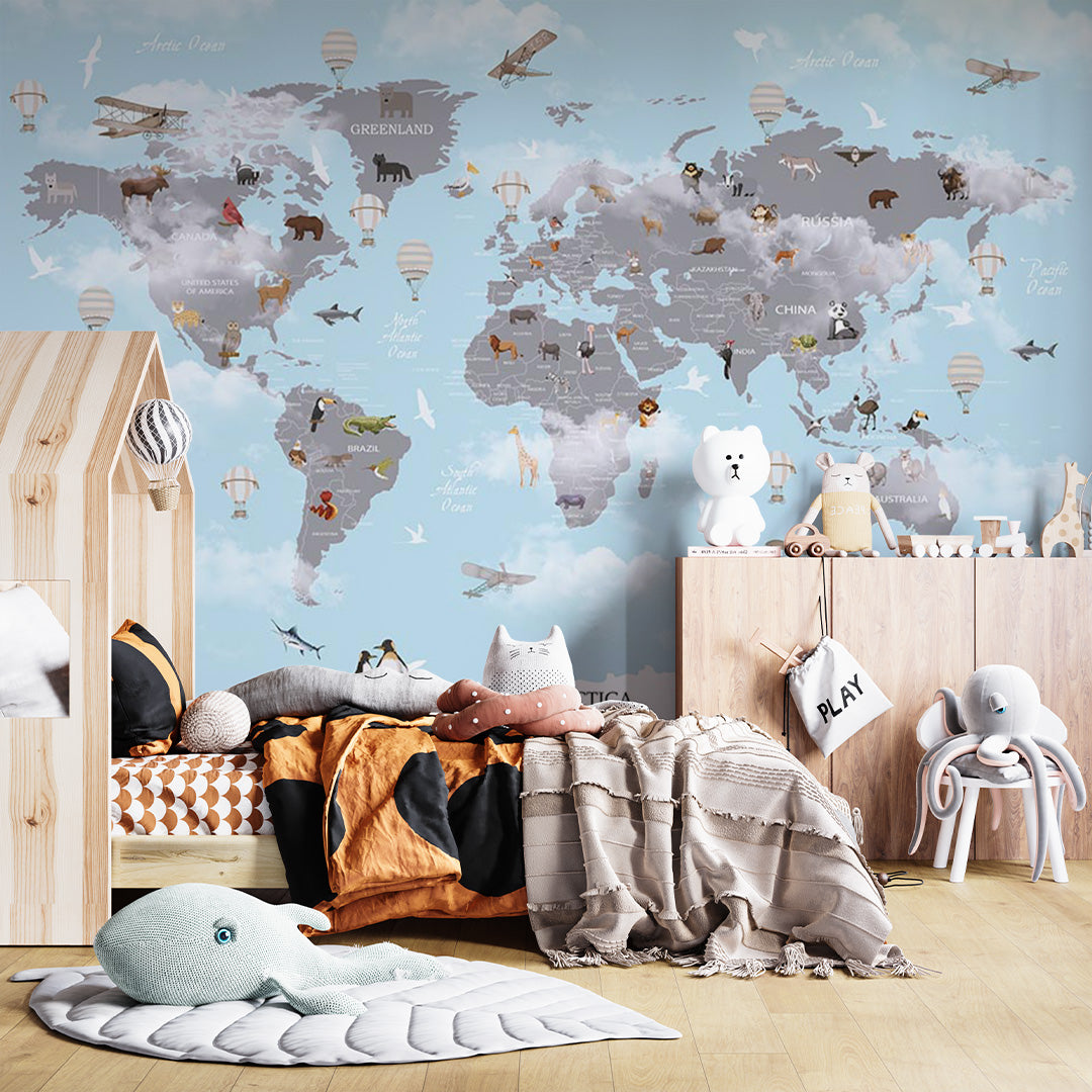 Kids World Map with Animals Wall Mural Decals Posters for Girls Boys Baby Wallpaper for Kids