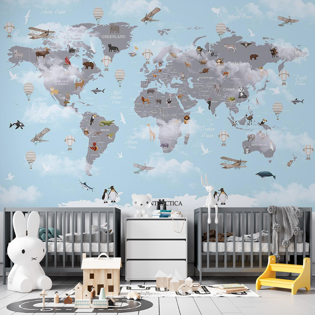 Kids World Map with Animals Wall Mural Decals Posters for Girls Boys Baby Wallpaper for Kids