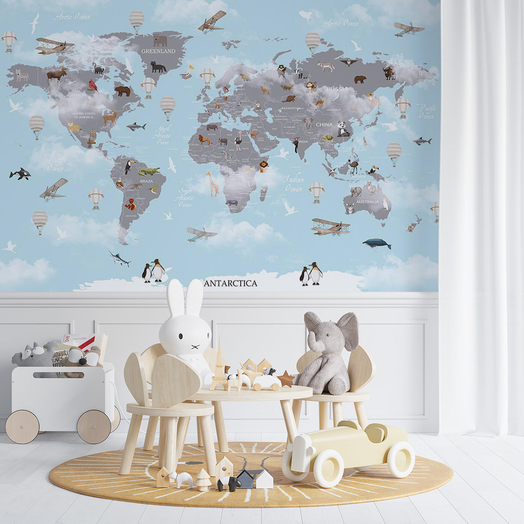 Kids World Map with Animals Wall Mural Decals Posters for Girls Boys Baby Wallpaper for Kids