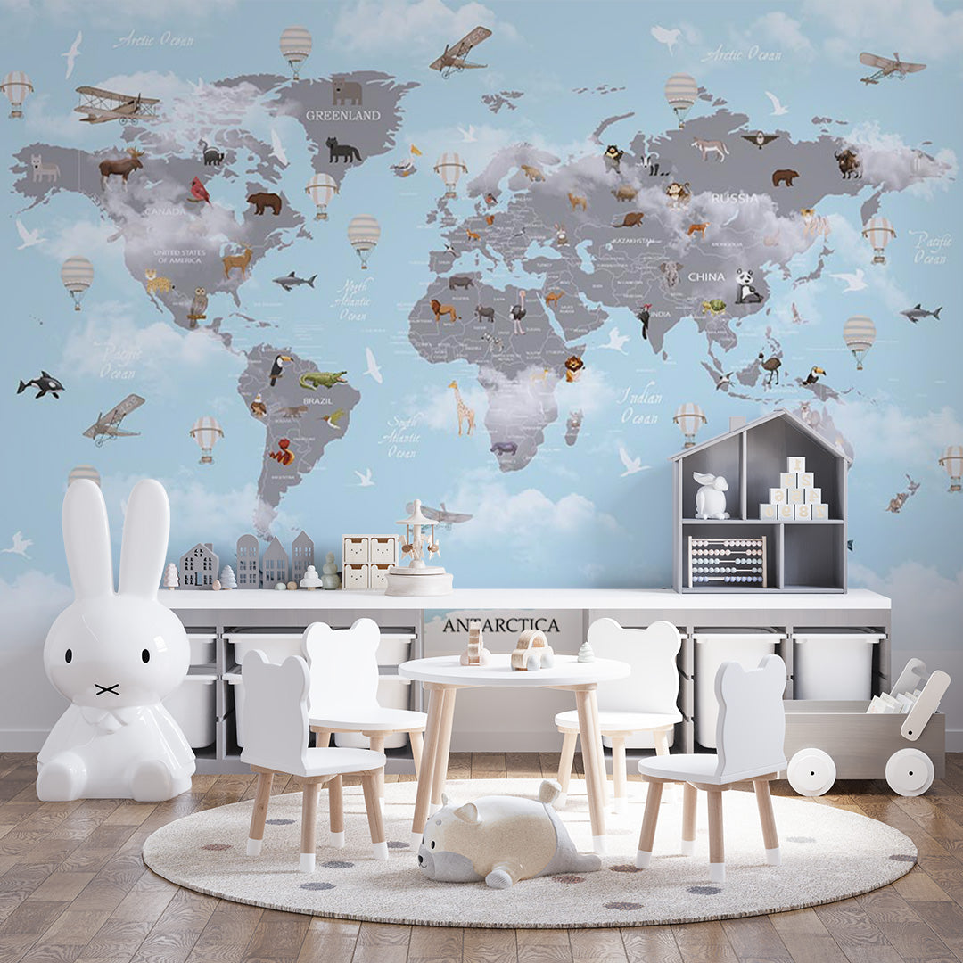 Kids World Map with Animals Wall Mural Decals Posters for Girls Boys Baby Wallpaper for Kids