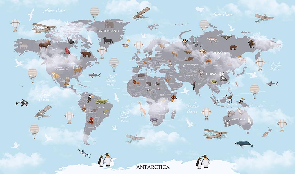 Papier peint panoramique carte du monde faune à l’aquarelle et montgolfières