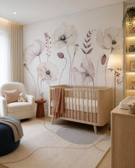 Watercolor poppies wallpaper in a modern nursery with a crib.