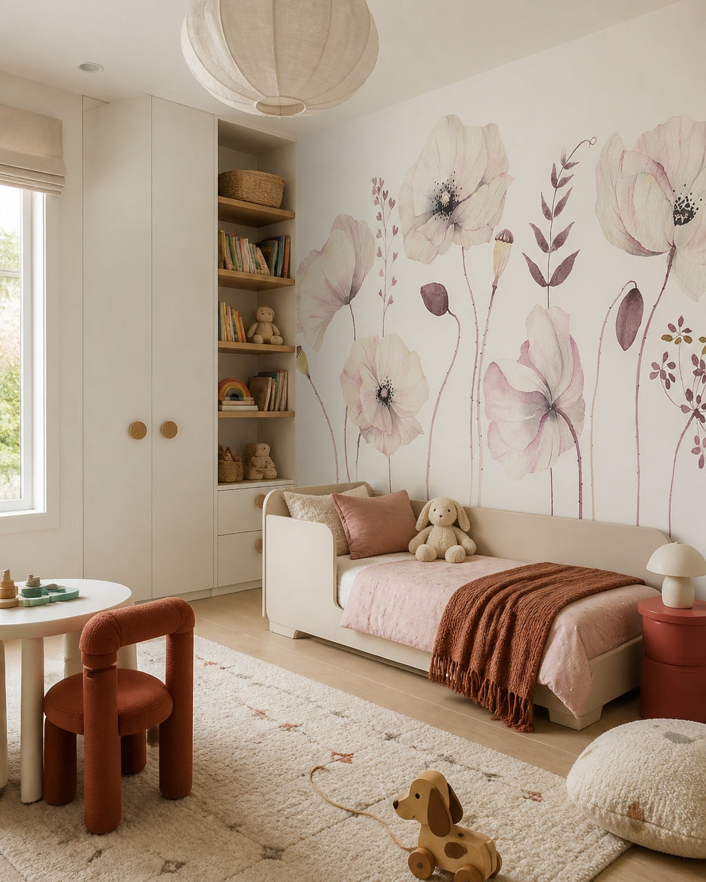 Watercolor poppies wallpaper in a toddler bedroom with a child-sized bed.