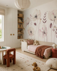 Watercolor poppies wallpaper in a toddler bedroom with a child-sized bed.