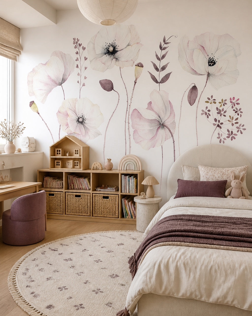 Watercolor poppies wallpaper in a girl’s bedroom.