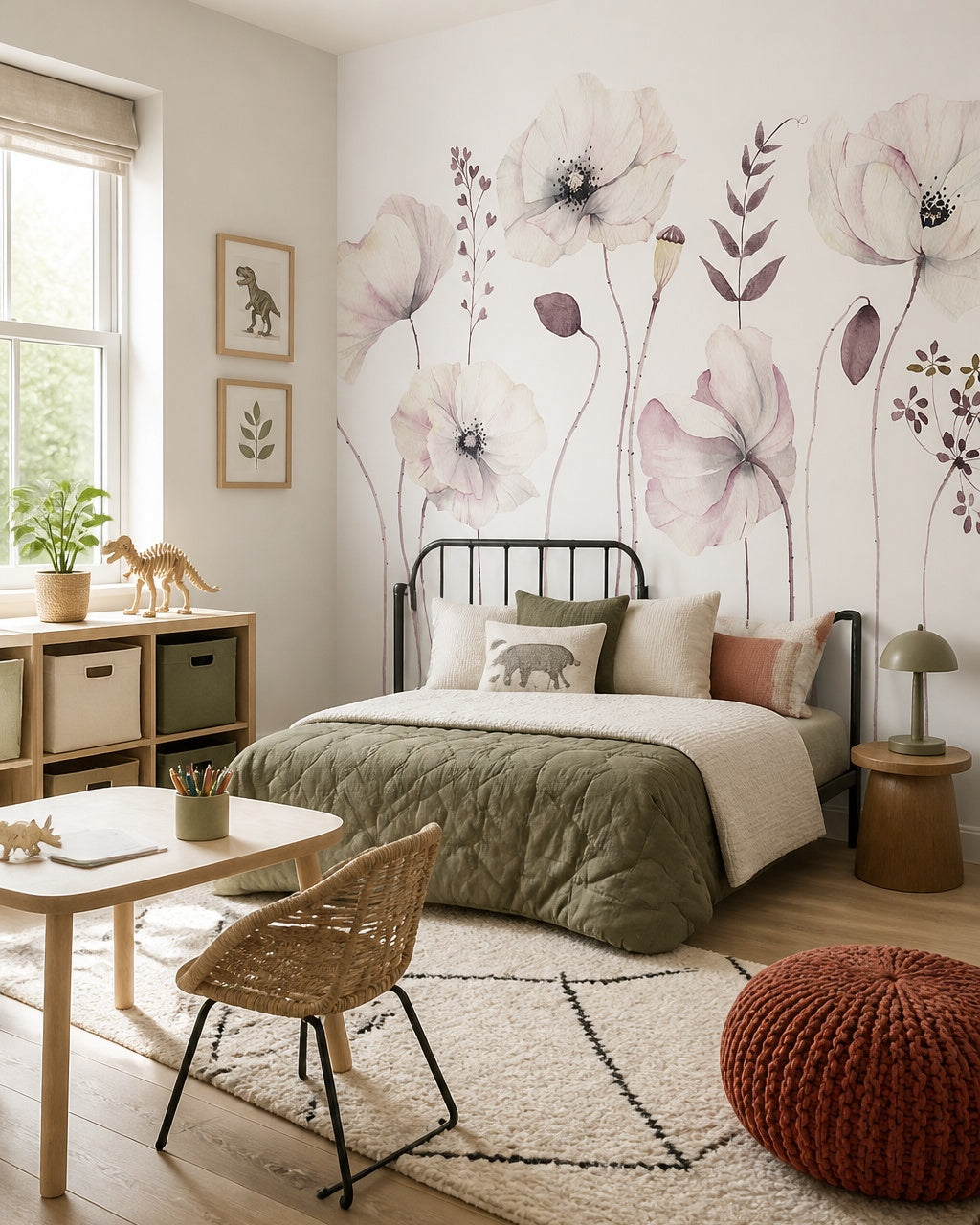 Watercolor poppies wallpaper in a boy’s bedroom.