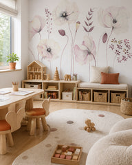 Watercolor poppies wallpaper in a children’s playroom.