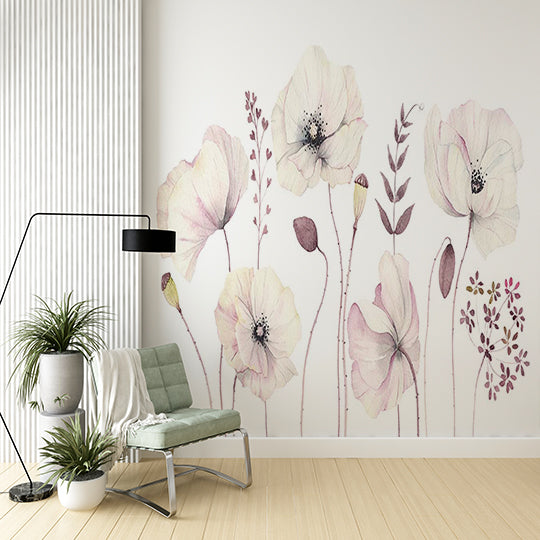 Delicate Watercolor Poppy Flowers Wall Mural - Soft Pink and White Floral Wallpaper