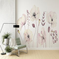 Custom Delicate Watercolor Poppy Flowers Wall Mural - Soft Pink and White Floral Wallpaper