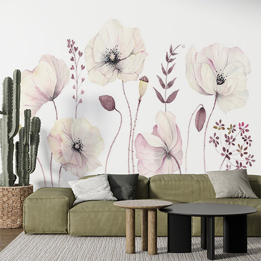 Custom Delicate Watercolor Poppy Flowers Wall Mural - Soft Pink and White Floral Wallpaper