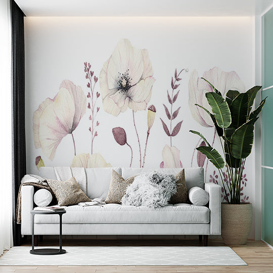 Delicate Watercolor Poppy Flowers Wall Mural - Soft Pink and White Floral Wallpaper