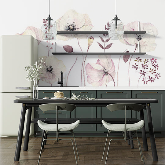 Delicate Watercolor Poppy Flowers Wall Mural - Soft Pink and White Floral Wallpaper