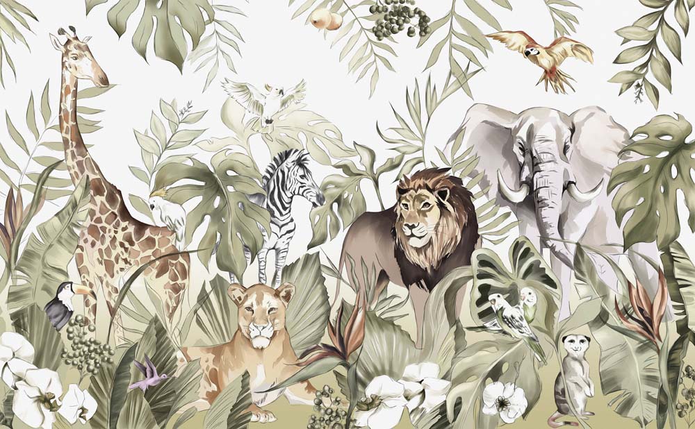 Kids Wall Mural Safari Animals Lion Family Parrot Elephant Jungle Wallpaper for Kids Room