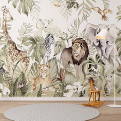 Custom Kids Wall Mural Safari Animals Lion Family Parrot Elephant Jungle Wallpaper for Kids Room