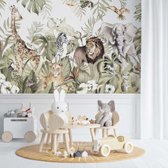 Custom Kids Wall Mural Safari Animals Lion Family Parrot Elephant Jungle Wallpaper for Kids Room