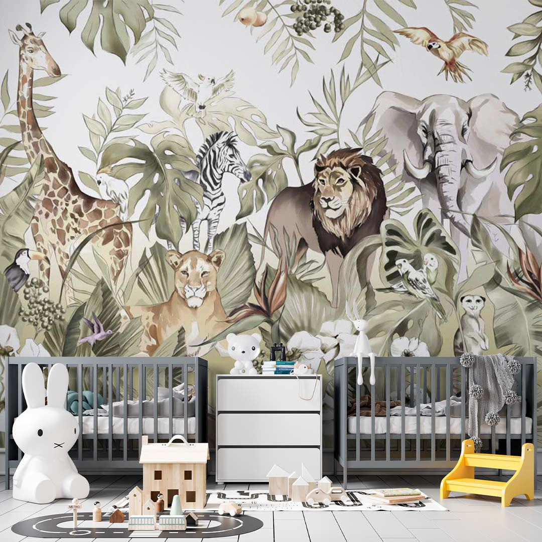 Kids Wall Mural Safari Animals Lion Family Parrot Elephant Jungle Wallpaper for Kids Room