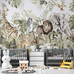 Custom Kids Wall Mural Safari Animals Lion Family Parrot Elephant Jungle Wallpaper for Kids Room