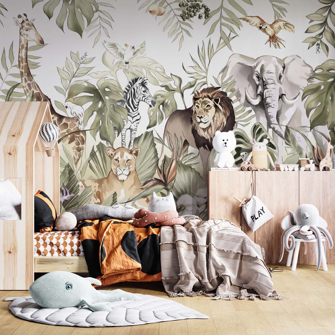 Kids Wall Mural Safari Animals Lion Family Parrot Elephant Jungle Wallpaper for Kids Room