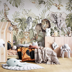 Custom Kids Wall Mural Safari Animals Lion Family Parrot Elephant Jungle Wallpaper for Kids Room